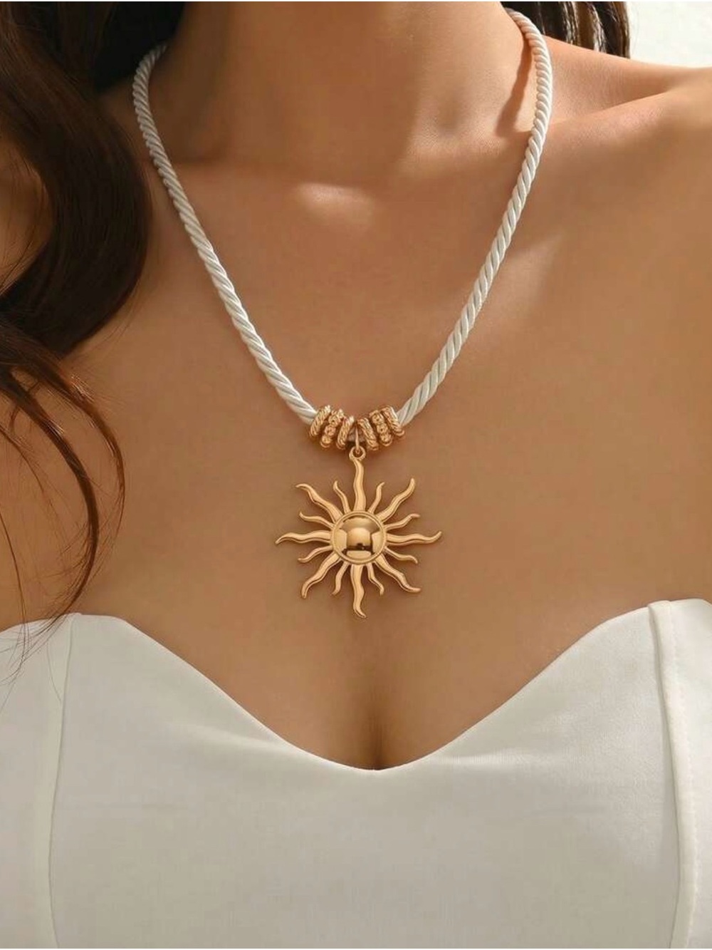 Gold Tone Sun Pendant Twisted Rope Necklac